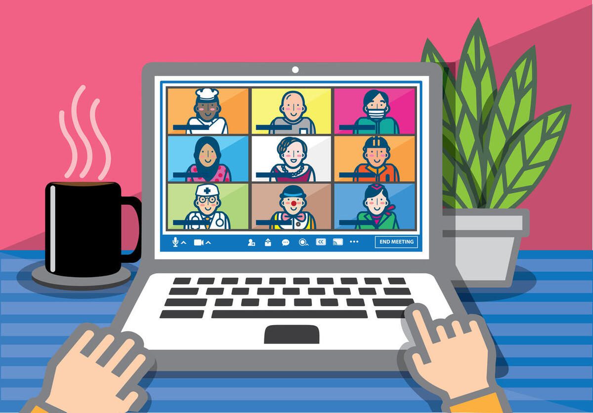 Illustration of a video conference screen with nine participants.