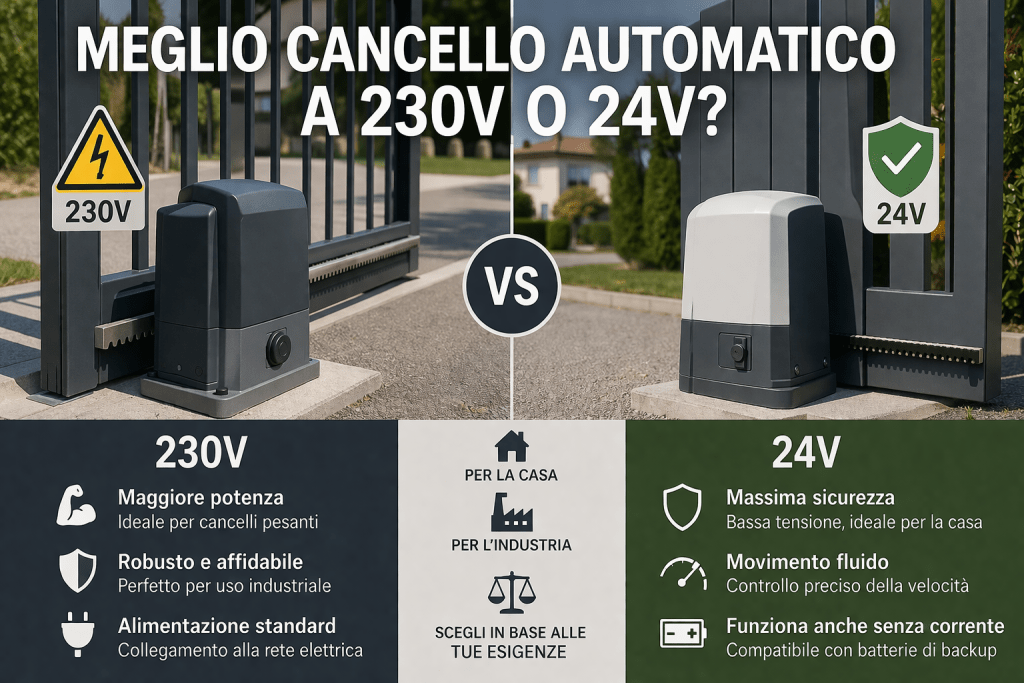 Meglio cancello automatico a 230V o 24V? Guida completa alla scelta