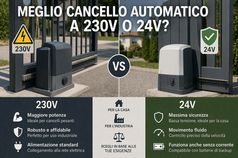 Meglio cancello automatico a 230V o 24V? Guida completa alla scelta